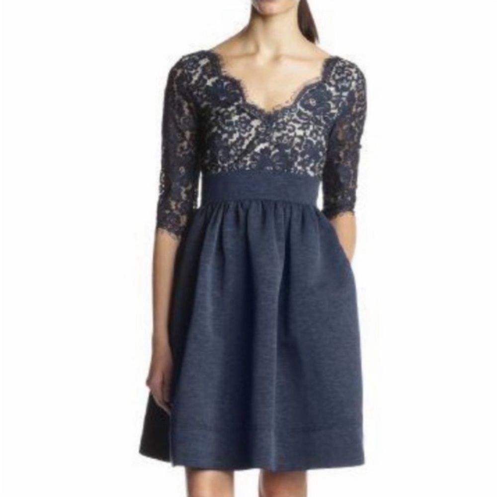 Eliza J Navy Fit & Flare Lace & Faille Navy Cocktail/Formal  Dress